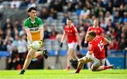 30 April 2023; Bill Carroll of Offaly in action against Ryan Burns of Louth during the Leinster GAA Football Senior Championship Semi Final match between Louth and Offaly at Croke Park in Dublin. Photo by Seb Daly/Sportsfile