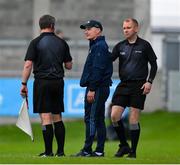 29 April 2023; Dublin manager Micheál Donoghue in conversation with linesman Matthew Redmond as sileline official Ciarán O'Regan moves to intervene during the Leinster GAA Hurling Senior Championship Round 2 match between Dublin and Westmeath at Parnell Park in Dublin. Photo by Ray McManus/Sportsfile