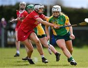 30 April 2023; Bronagh Butler of Donegal in action against Gráinne Cassidy of Tyrone during the Electric Ireland Camogie Minor C All-Ireland Championship Shield Final match between Donegal and Tyrone at Tír na nÓg Randalstown in Antrim. Photo by Stephen Marken/Sportsfile