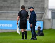 29 April 2023; Dublin manager Micheál Donoghue in conversation with linesman Thomas Walsh during the Leinster GAA Hurling Senior Championship Round 2 match between Dublin and Westmeath at Parnell Park in Dublin. Photo by Ray McManus/Sportsfile