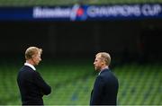 29 April 2023; Leinster head coach Leo Cullen, left, in conversation with referee Wayne Barnes before the Heineken Champions Cup Semi Final match between Leinster and Toulouse at the Aviva Stadium in Dublin. Photo by Ramsey Cardy/Sportsfile