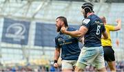 29 April 2023; Andrew Porter, left, and Caelan Doris of Leinster celebrate a try by Josh van der Flier during the Heineken Champions Cup Semi Final match between Leinster and Toulouse at the Aviva Stadium in Dublin. Photo by Ramsey Cardy/Sportsfile