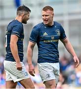 29 April 2023; Ross Byrne, left, and Ciarán Frawley of Leinster during the Heineken Champions Cup Semi Final match between Leinster and Toulouse at the Aviva Stadium in Dublin. Photo by Ramsey Cardy/Sportsfile