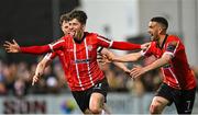 28 April 2023; Colm Whelan of Derry City celebrates with Michael Duffy, right, after scoring their side's second goal during the SSE Airtricity Men's Premier Division match between Derry City and St Patrick's Athletic at The Ryan McBride Brandywell Stadium in Derry. Photo by Ramsey Cardy/Sportsfile