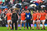 30 April 2023; Armagh manager Kieran McGeeney and his team during the Ulster GAA Football Senior Championship Semi Final match between Armagh and Down at St Tiernach’s Park in Clones, Monaghan. Photo by Ramsey Cardy/Sportsfile