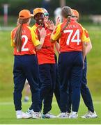01 May 2023; Mary-Ann Musonda of Scorchers celebrates with teammates after catching out Amy Hunter of Dragons during the Evoke T20 Super Series 2023 match between Scorchers and Dragons at Malahide Cricket Club in Dublin. Photo by David Fitzgerald/Sportsfile