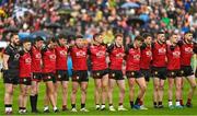 30 April 2023; The Down team during the playing of the National Anthem before the Ulster GAA Football Senior Championship Semi Final match between Armagh and Down at St Tiernach’s Park in Clones, Monaghan. Photo by Ramsey Cardy/Sportsfile
