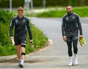 1 May 2023; Tommy O'Brien and Dave Kearney during a Leinster Rugby squad training session at UCD in Dublin. Photo by Harry Murphy/Sportsfile