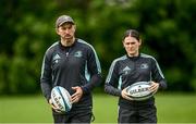 1 May 2023; Backs coach Andrew Goodman and assistant performance analyst Juliette Fortune during a Leinster Rugby squad training session at UCD in Dublin. Photo by Harry Murphy/Sportsfile