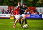 1 May 2023; Max Mata of Sligo Rovers in action against Thijs Timmermans of St Patrick's Athletic during the SSE Airtricity Men's Premier Division match between St Patrick's Athletic and Sligo Rovers at Richmond Park in Dublin. Photo by Ben McShane/Sportsfile