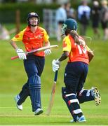 01 May 2023; Gaby Lewis, left, and Mary-Ann Musonda of Scorchers during the Evoke T20 Super Series 2023 match between Scorchers and Dragons at Malahide Cricket Club in Dublin. Photo by David Fitzgerald/Sportsfile