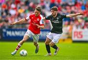 1 May 2023; Carl Sjoberg of St Patrick's Athletic in action against Niall Morahan of Sligo Rovers during the SSE Airtricity Men's Premier Division match between St Patrick's Athletic and Sligo Rovers at Richmond Park in Dublin. Photo by Ben McShane/Sportsfile