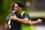 1 May 2023; Max Mata of Sligo Rovers celebrates with teammates Reece Hutchinson after the SSE Airtricity Men's Premier Division match between St Patrick's Athletic and Sligo Rovers at Richmond Park in Dublin. Photo by Ben McShane/Sportsfile