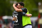 1 May 2023; Max Mata of Sligo Rovers celebrates with teammates Stefan Radosavljevic after the SSE Airtricity Men's Premier Division match between St Patrick's Athletic and Sligo Rovers at Richmond Park in Dublin. Photo by Ben McShane/Sportsfile