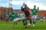 1 May 2023; Jonathan Afolabi of Bohemians is tackled by Cian Coleman of Cork City during the SSE Airtricity Men's Premier Division match between Bohemians and Cork City at Dalymount Park in Dublin. Photo by Harry Murphy/Sportsfile