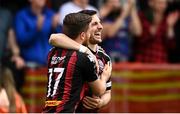 1 May 2023; Jordan Flores of Bohemians celebrates with teammate Adam McDonnell after scoring his side's first goal during the SSE Airtricity Men's Premier Division match between Bohemians and Cork City at Dalymount Park in Dublin. Photo by Harry Murphy/Sportsfile