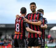 1 May 2023; Ali Coote of Bohemians, 8, celebrates with teammate Krystian Nowak after scoring his side's fourth goal during the SSE Airtricity Men's Premier Division match between Bohemians and Cork City at Dalymount Park in Dublin. Photo by Harry Murphy/Sportsfile