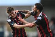 1 May 2023; James McManus of Bohemians, left, celebrates with teammate Declan McDaid after scoring his side's fifth goal during the SSE Airtricity Men's Premier Division match between Bohemians and Cork City at Dalymount Park in Dublin. Photo by Harry Murphy/Sportsfile