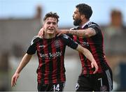 1 May 2023; James McManus of Bohemians, left, celebrates with teammate Declan McDaid after scoring his side's fifth goal during the SSE Airtricity Men's Premier Division match between Bohemians and Cork City at Dalymount Park in Dublin. Photo by Harry Murphy/Sportsfile