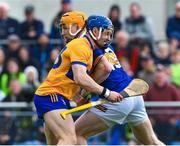 23 April 2023; Rory Hayes of Clare, a second half substitute, jostles with Jake Morris of Tipperary, as he arrives in position, during the Munster GAA Hurling Senior Championship Round 1 match between Clare and Tipperary at Cusack Park in Ennis, Clare. Photo by Ray McManus/Sportsfile