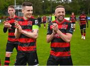 1 May 2023; Darragh Leahy and Keith Ward of Dundalk celebrate after their side's victory in the SSE Airtricity Men's Premier Division match between UCD and Dundalk at UCD Bowl in Dublin. Photo by Stephen Marken/Sportsfile