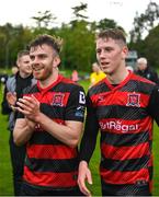 1 May 2023; Archie Davies and Hayden Muller of Dundalk celebrate after their side's victory in the SSE Airtricity Men's Premier Division match between UCD and Dundalk at UCD Bowl in Dublin. Photo by Stephen Marken/Sportsfile