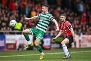 1 May 2023; Ronan Finn of Shamrock Rovers in action against Michael Duffy of Derry City during the SSE Airtricity Men's Premier Division match between Derry City and Shamrock Rovers at The Ryan McBride Brandywell Stadium in Derry. Photo by Ramsey Cardy/Sportsfile