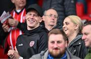1 May 2023; Republic of Ireland international James McClean, and his wife Erin, during the SSE Airtricity Men's Premier Division match between Derry City and Shamrock Rovers at The Ryan McBride Brandywell Stadium in Derry. Photo by Ramsey Cardy/Sportsfile