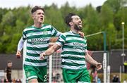 1 May 2023; Richie Towell of Shamrock Rovers celebrates with teammate Johnny Kenny, left, after scoring their side's first goal during the SSE Airtricity Men's Premier Division match between Derry City and Shamrock Rovers at The Ryan McBride Brandywell Stadium in Derry. Photo by Ramsey Cardy/Sportsfile