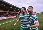 1 May 2023; Richie Towell of Shamrock Rovers celebrates with Jack Byrne, right, after scoring their side's first goal during the SSE Airtricity Men's Premier Division match between Derry City and Shamrock Rovers at The Ryan McBride Brandywell Stadium in Derry. Photo by Ramsey Cardy/Sportsfile
