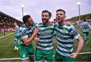 1 May 2023; Richie Towell of Shamrock Rovers celebrates with Roberto Lopes, left, and Jack Byrne, right, after scoring their side's first goal during the SSE Airtricity Men's Premier Division match between Derry City and Shamrock Rovers at The Ryan McBride Brandywell Stadium in Derry. Photo by Ramsey Cardy/Sportsfile