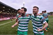 1 May 2023; Richie Towell of Shamrock Rovers celebrates with Jack Byrne, right, after scoring their side's first goal during the SSE Airtricity Men's Premier Division match between Derry City and Shamrock Rovers at The Ryan McBride Brandywell Stadium in Derry. Photo by Ramsey Cardy/Sportsfile
