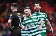 1 May 2023; Jack Byrne of Shamrock Rovers celebrates after scoring his side's second goal during the SSE Airtricity Men's Premier Division match between Derry City and Shamrock Rovers at The Ryan McBride Brandywell Stadium in Derry. Photo by Ramsey Cardy/Sportsfile