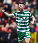 1 May 2023; Jack Byrne of Shamrock Rovers celebrates after scoring his side's second goal during the SSE Airtricity Men's Premier Division match between Derry City and Shamrock Rovers at The Ryan McBride Brandywell Stadium in Derry. Photo by Ramsey Cardy/Sportsfile