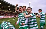 1 May 2023; Trevor Clarke, left, and Jack Byrne of Shamrock Rovers celebrates their side's first goal, scored by Richie Towell, during the SSE Airtricity Men's Premier Division match between Derry City and Shamrock Rovers at The Ryan McBride Brandywell Stadium in Derry. Photo by Ramsey Cardy/Sportsfile