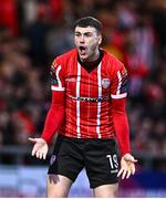 1 May 2023; Ryan Graydon of Derry City remonstrates to the linesman during the SSE Airtricity Men's Premier Division match between Derry City and Shamrock Rovers at The Ryan McBride Brandywell Stadium in Derry. Photo by Ramsey Cardy/Sportsfile