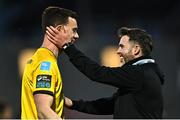 1 May 2023; Shamrock Rovers manager Stephen Bradley, right, and Shamrock Rovers goalkeeper Leon Pohls after their side's victory in the SSE Airtricity Men's Premier Division match between Derry City and Shamrock Rovers at The Ryan McBride Brandywell Stadium in Derry. Photo by Ramsey Cardy/Sportsfile