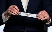 2 May 2023; Former Dublin footballer Paddy Andrews pulls out the name of Monaghan during the draw for the Sam Maguire Cup competition during the GAA Football All-Ireland Senior Championship and Tailteann Cup draws at Croke Park in Dublin. Photo by Brendan Moran/Sportsfile