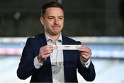 2 May 2023;  Former Laois footballer Ross Munnelly pulls out the name of London during the draw for the Tailteann Cup competition during the GAA Football All-Ireland Senior Championship and Tailteann Cup draws at Croke Park in Dublin. Photo by Brendan Moran/Sportsfile
