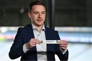 2 May 2023;  Former Laois footballer Ross Munnelly pulls out the name of Tipperary during the draw for the Tailteann Cup competition during the GAA Football All-Ireland Senior Championship and Tailteann Cup draws at Croke Park in Dublin. Photo by Brendan Moran/Sportsfile