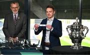 2 May 2023;  Former Laois footballer Ross Munnelly performs the draw for the Tailteann Cup competition, in the company of Uachtarán Chumann Lúthchleas Gael Larry McCarthy, during the GAA Football All-Ireland Senior Championship and Tailteann Cup draws at Croke Park in Dublin. Photo by Brendan Moran/Sportsfile