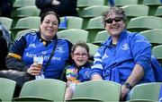 29 April 2023; Leinster supporters Barry and Elaine McHugh, with daughter Ella, before the Heineken Champions Cup Semi Final match between Leinster and Toulouse at the Aviva Stadium in Dublin. Photo by Brendan Moran/Sportsfile