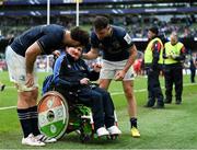 29 April 2023; Leinster supporter Jamie Monahan meets Caelan Doris and Hugo Keenan of Leinster after the Heineken Champions Cup Semi Final match between Leinster and Toulouse at the Aviva Stadium in Dublin. Photo by Brendan Moran/Sportsfile