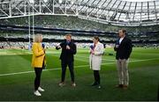 29 April 2023; RTE television presenter Jacqui Hurley, left, with analysts Jerry Flannery, Fiona Coghlan and Jamie Heaslip before the Heineken Champions Cup Semi Final match between Leinster and Toulouse at the Aviva Stadium in Dublin. Photo by Brendan Moran/Sportsfile