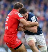29 April 2023; Jack Conan of Leinster is tackled by Paul Graou of Toulouse during the Heineken Champions Cup Semi Final match between Leinster and Toulouse at the Aviva Stadium in Dublin. Photo by Brendan Moran/Sportsfile