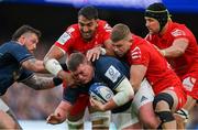 29 April 2023; Tadhg Furlong of Leinster is tackled by Richie Arnold and Jack Willis of Toulouse during the Heineken Champions Cup Semi Final match between Leinster and Toulouse at the Aviva Stadium in Dublin. Photo by Brendan Moran/Sportsfile
