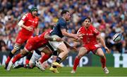 29 April 2023; Hugo Keenan of Leinster is tackled by Pita Ahki of Toulouse during the Heineken Champions Cup Semi Final match between Leinster and Toulouse at the Aviva Stadium in Dublin. Photo by Brendan Moran/Sportsfile