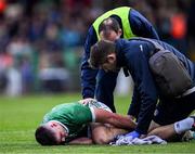 29 April 2023; Seán Finn of Limerick receives medical attention for an injury at half-time during the Munster GAA Hurling Senior Championship Round 2 match between Limerick and Clare at TUS Gaelic Grounds in Limerick. Photo by Piaras Ó Mídheach/Sportsfile