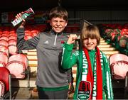 5 May 2023; Cork City supporters Corey O'Leary, left, and Diego Alonso before the SSE Airtricity Men's Premier Division match between Cork City and St Patrick's Athletic at Turner's Cross in Cork. Photo by Michael P Ryan/Sportsfile