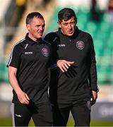 5 May 2023; Bohemians first team coach Derek Pender, left, with Bohemians manager Declan Devine before the SSE Airtricity Men's Premier Division match between Shamrock Rovers and Bohemians at Tallaght Stadium in Dublin. Photo by Ben McShane/Sportsfile